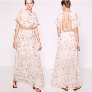 ZARA TRAFALUC FLORAL CROCHET TRIM OPEN BACK MAXI DRESS NWT CREAM/TAN Size M